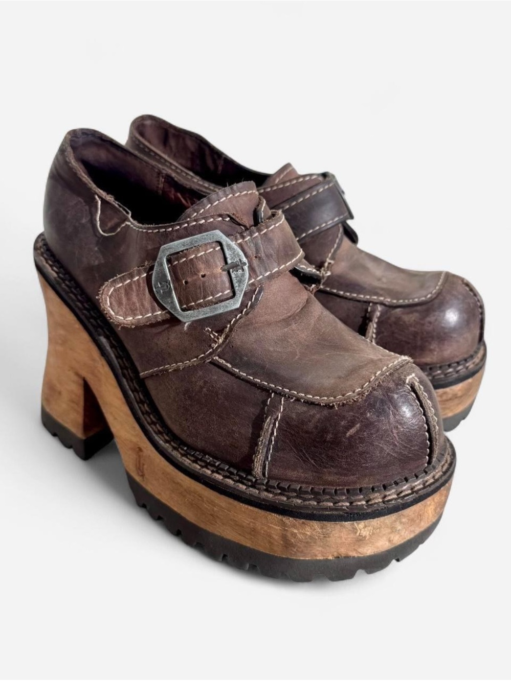 Vintage London Underground brown leather chunky buckle platform loafers - Picture 2 of 10